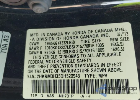 2013 Honda Cr-V Lx z USA, uszkodzony, nr VIN 2HKRM3H35DH520943